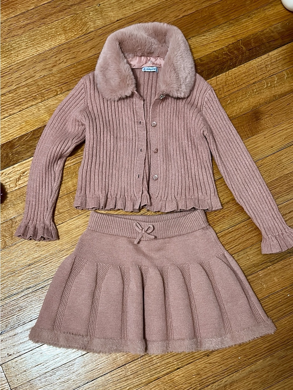 Mayoral Dusty Rose Knit Cardigan and Skirt Set